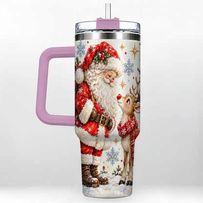 #pl[40oz|Pink] Santa Reindeer 40oz Tumbler with Handle, Christmas Snowflake Art