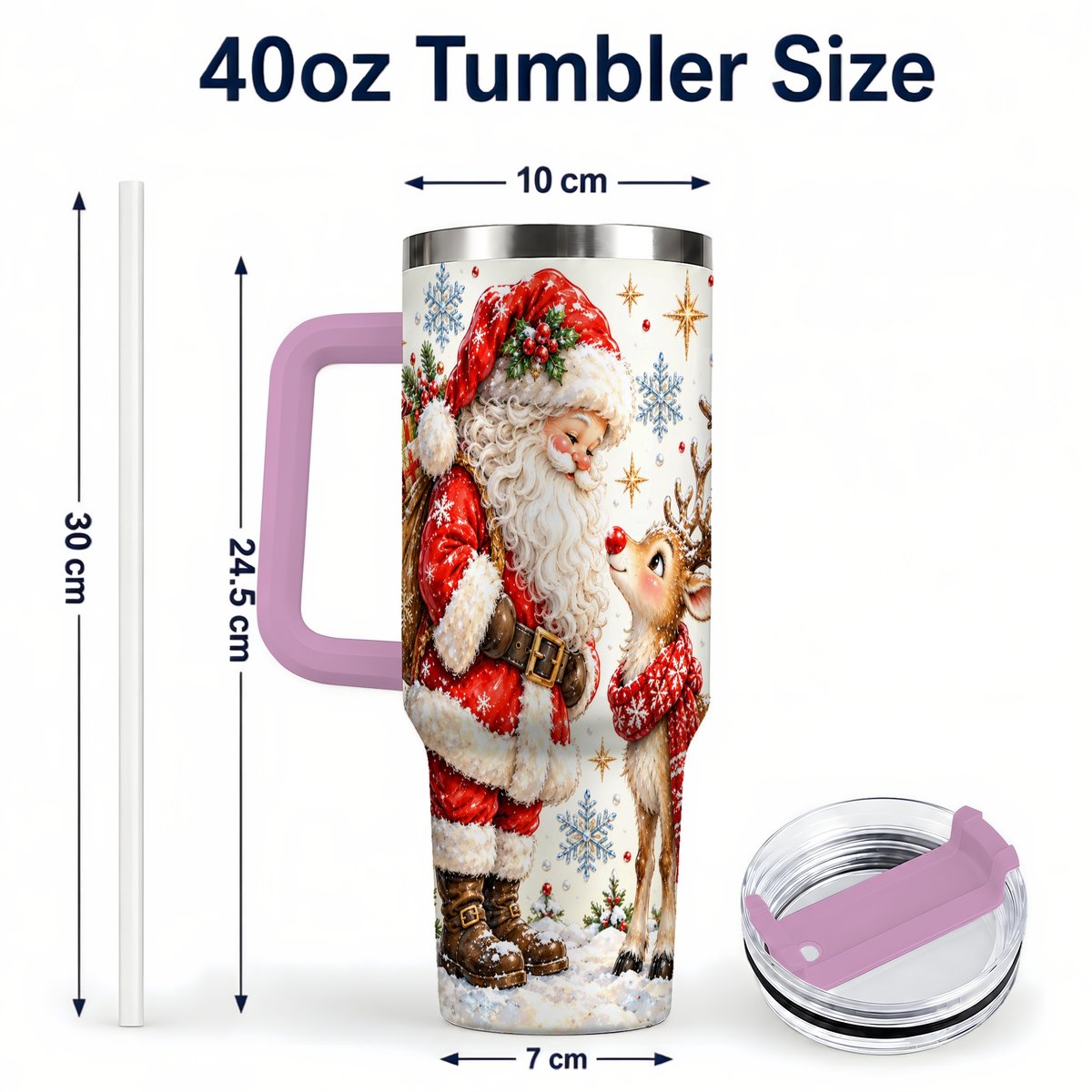 #pl[40oz|Pink] Santa Reindeer 40oz Tumbler with Handle, Christmas Snowflake Art