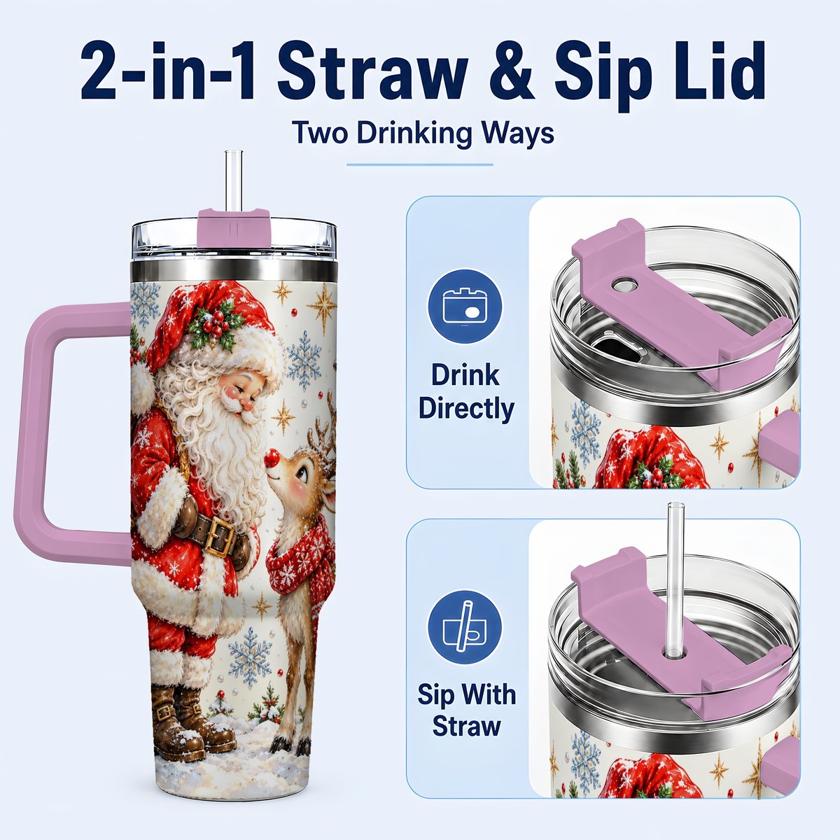 #pl[40oz|Pink] Santa Reindeer 40oz Tumbler with Handle, Christmas Snowflake Art