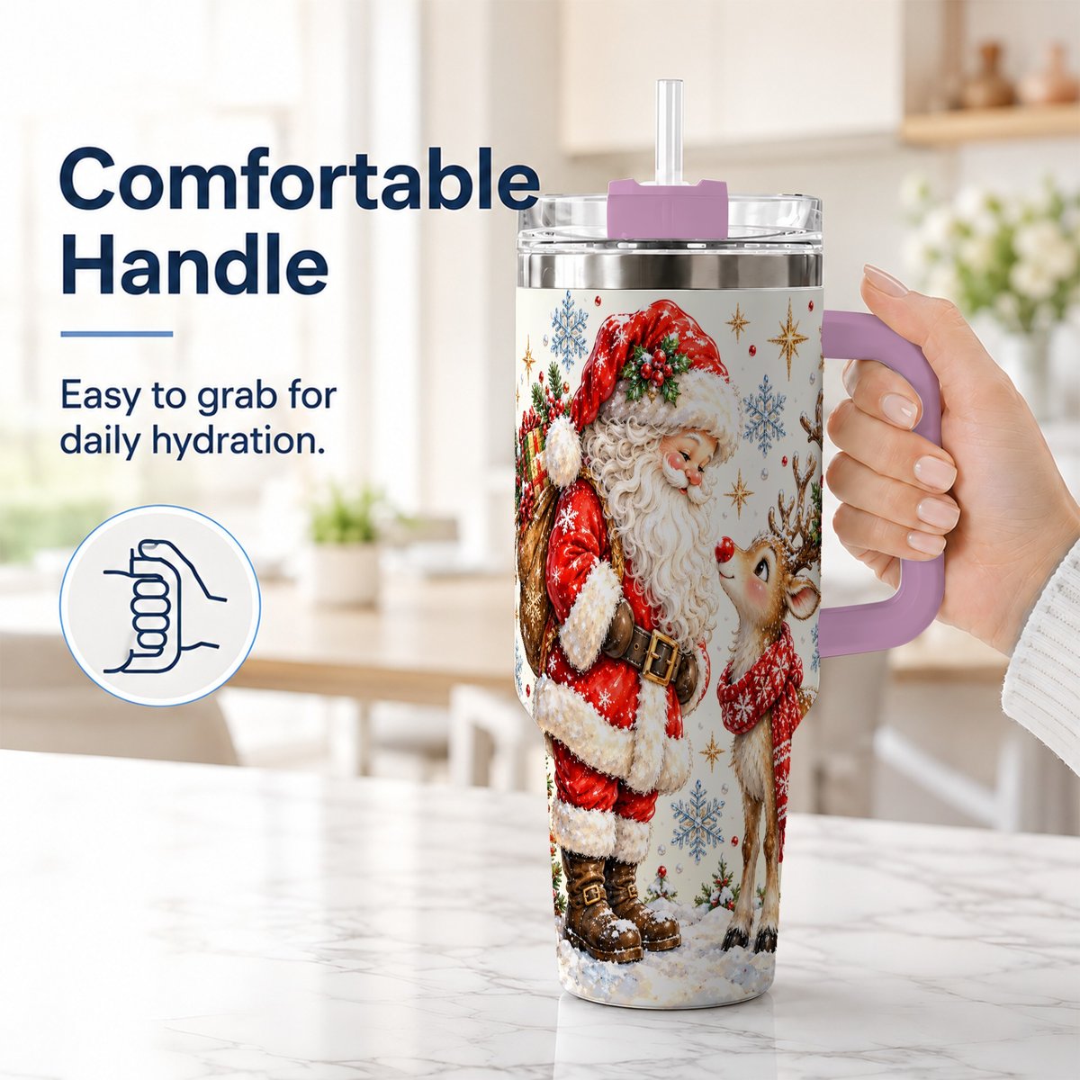 #pl[40oz|Pink] Santa Reindeer 40oz Tumbler with Handle, Christmas Snowflake Art