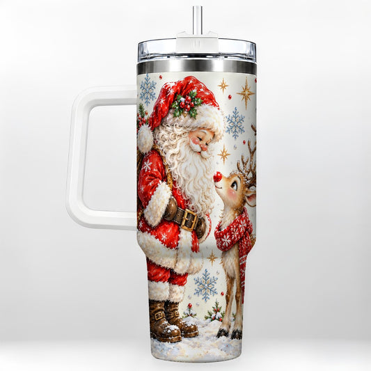 Santa Reindeer 40oz Tumbler with Handle, Christmas Snowflake Art