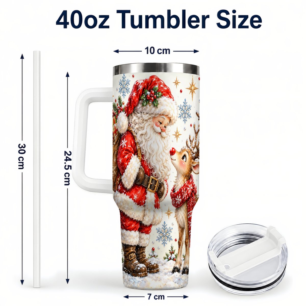 #pl[40oz|White] Santa Reindeer 40oz Tumbler with Handle, Christmas Snowflake Art