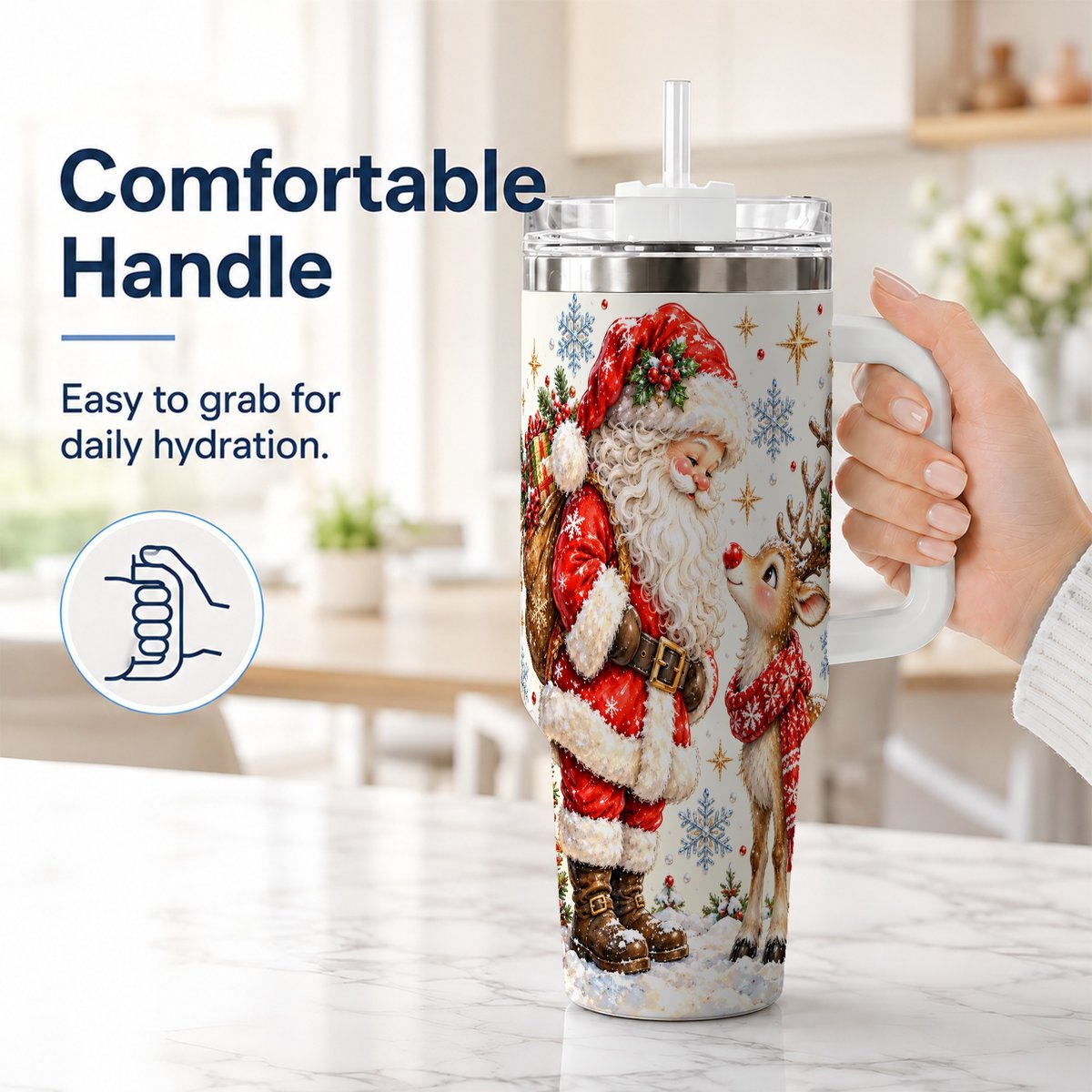 #pl[40oz|White] Santa Reindeer 40oz Tumbler with Handle, Christmas Snowflake Art