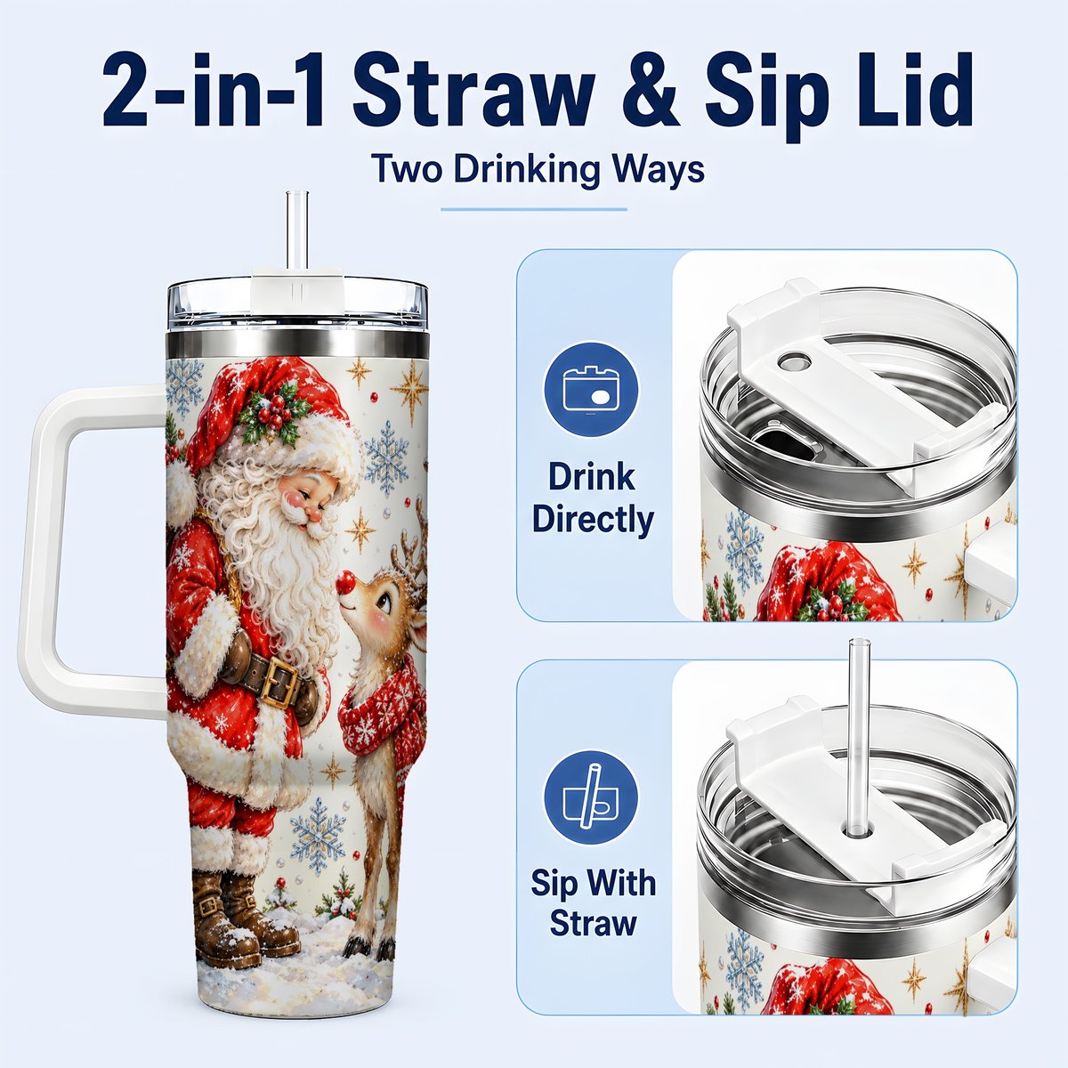 #pl[40oz|White] Santa Reindeer 40oz Tumbler with Handle, Christmas Snowflake Art