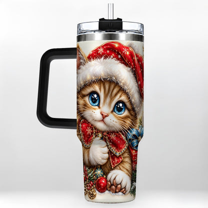 #pl[40oz|Black] Christmas Kitten 40oz Tumbler with Handle, Festive Cat Illustration