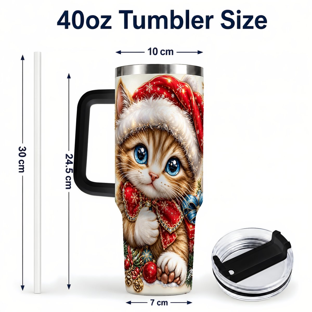 #pl[40oz|Black] Christmas Kitten 40oz Tumbler with Handle, Festive Cat Illustration