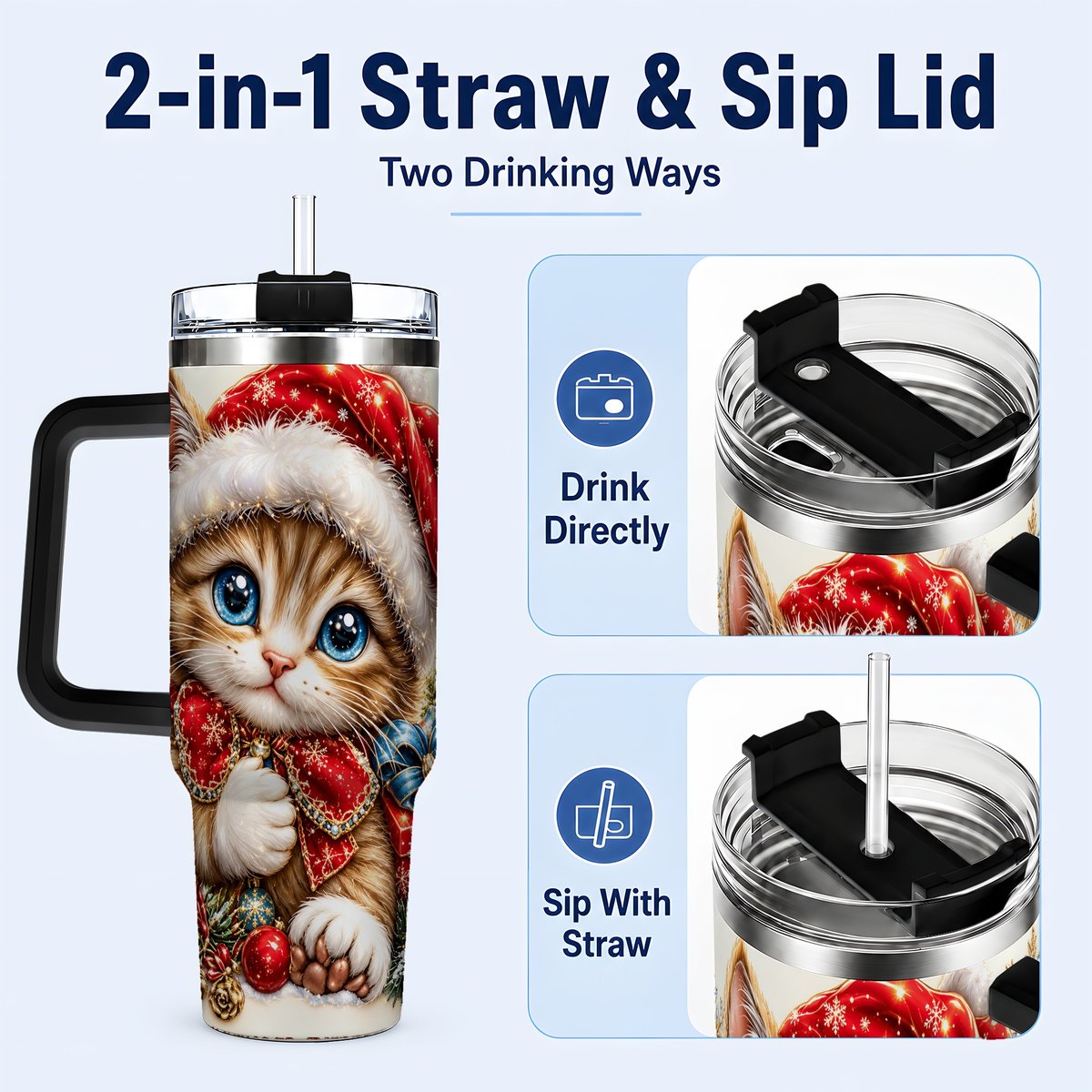#pl[40oz|Black] Christmas Kitten 40oz Tumbler with Handle, Festive Cat Illustration