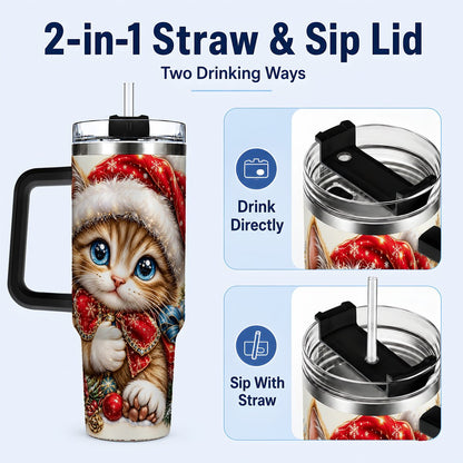 #pl[40oz|Black] Christmas Kitten 40oz Tumbler with Handle, Festive Cat Illustration