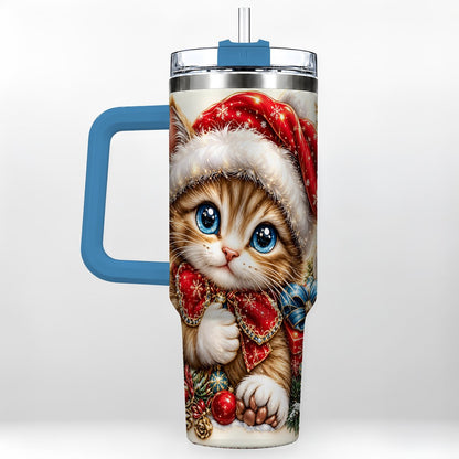 #pl[40oz|Blue] Christmas Kitten 40oz Tumbler with Handle, Festive Cat Illustration