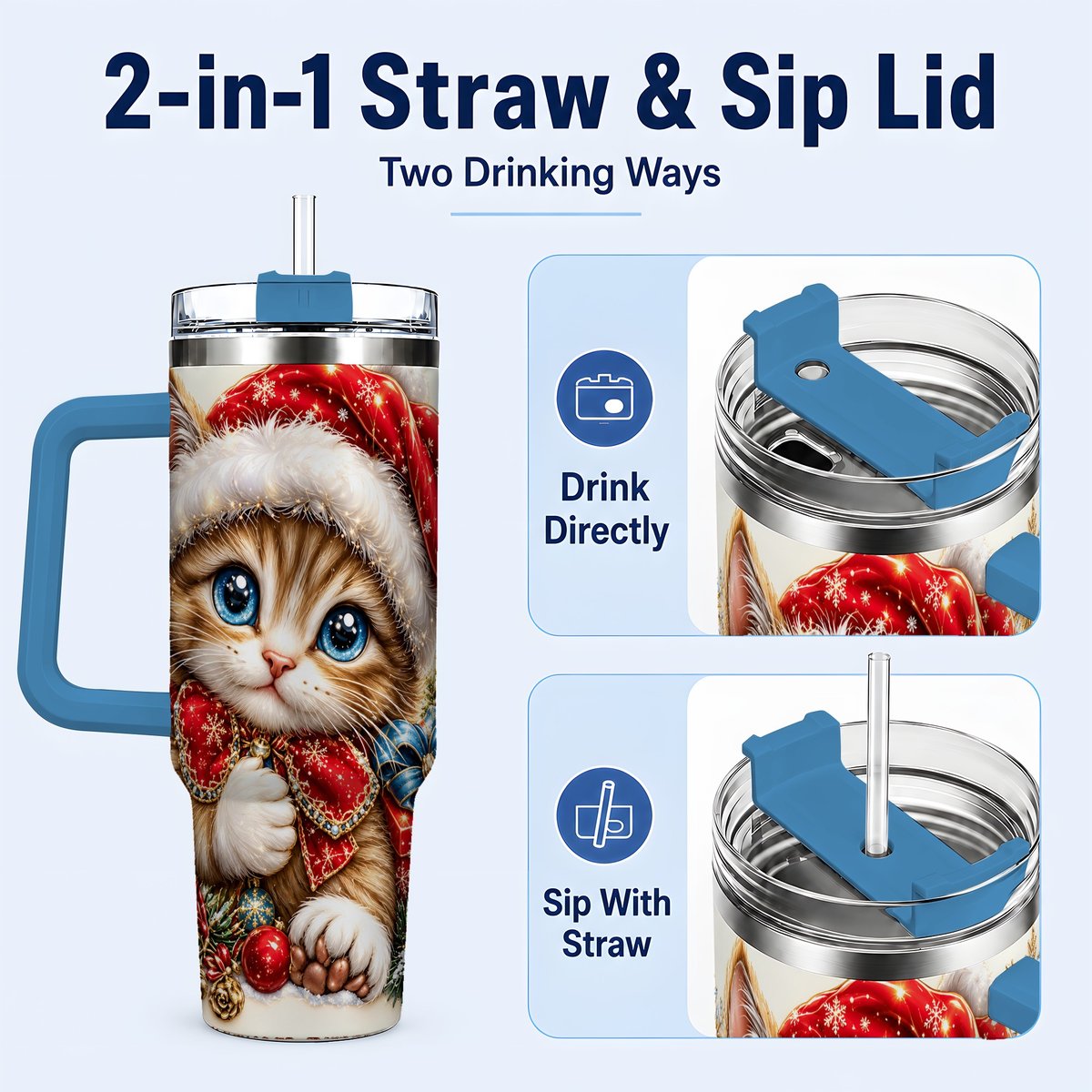 #pl[40oz|Blue] Christmas Kitten 40oz Tumbler with Handle, Festive Cat Illustration