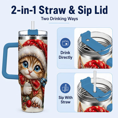#pl[40oz|Blue] Christmas Kitten 40oz Tumbler with Handle, Festive Cat Illustration