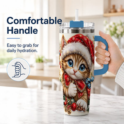 #pl[40oz|Blue] Christmas Kitten 40oz Tumbler with Handle, Festive Cat Illustration