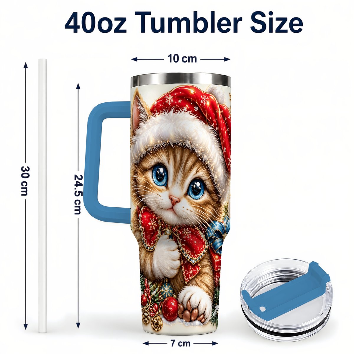 #pl[40oz|Blue] Christmas Kitten 40oz Tumbler with Handle, Festive Cat Illustration