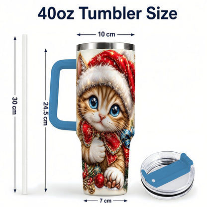 #pl[40oz|Blue] Christmas Kitten 40oz Tumbler with Handle, Festive Cat Illustration