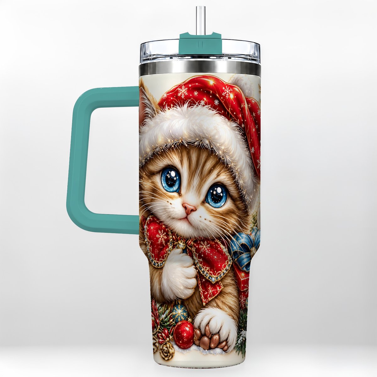 #pl[40oz|Green] Christmas Kitten 40oz Tumbler with Handle, Festive Cat Illustration