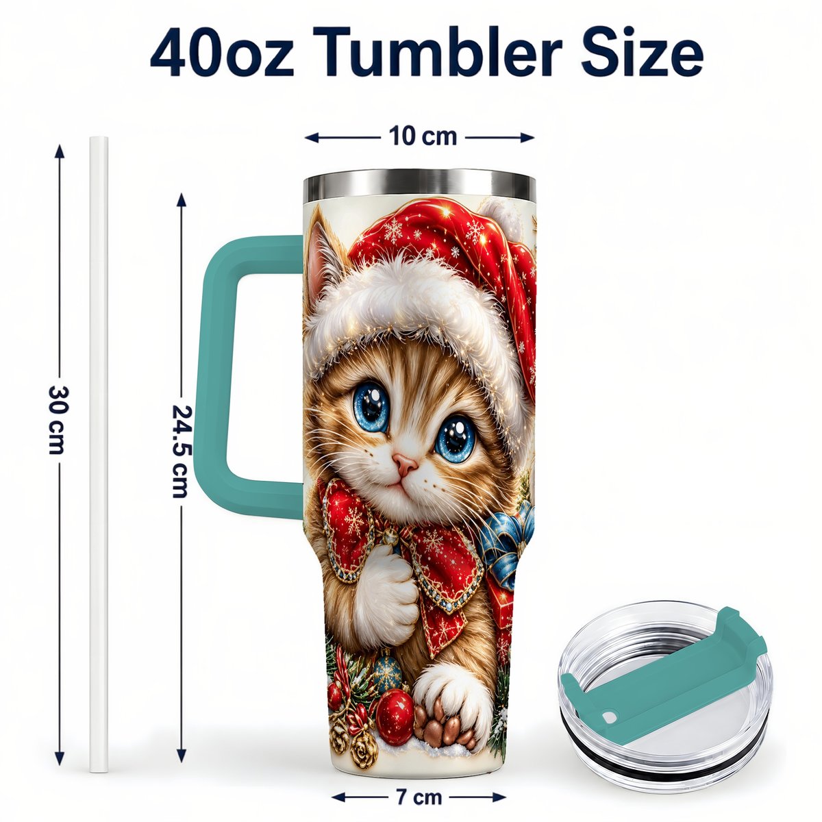 #pl[40oz|Green] Christmas Kitten 40oz Tumbler with Handle, Festive Cat Illustration