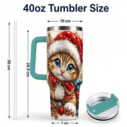 #pl[40oz|Green] Christmas Kitten 40oz Tumbler with Handle, Festive Cat Illustration