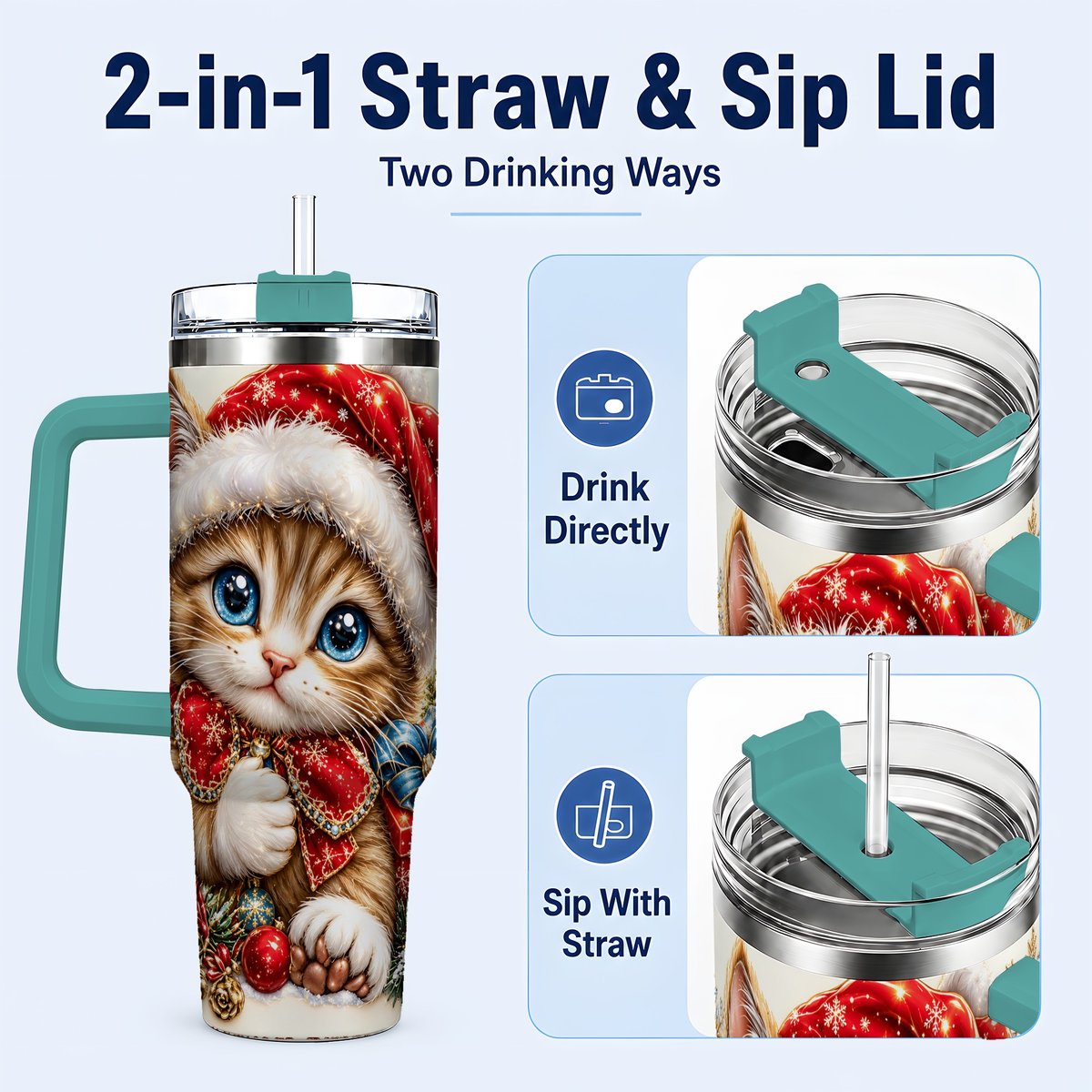 #pl[40oz|Green] Christmas Kitten 40oz Tumbler with Handle, Festive Cat Illustration