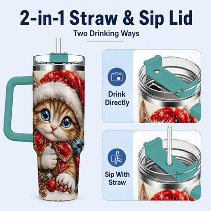 #pl[40oz|Green] Christmas Kitten 40oz Tumbler with Handle, Festive Cat Illustration