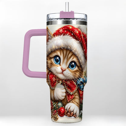 #pl[40oz|Pink] Christmas Kitten 40oz Tumbler with Handle, Festive Cat Illustration