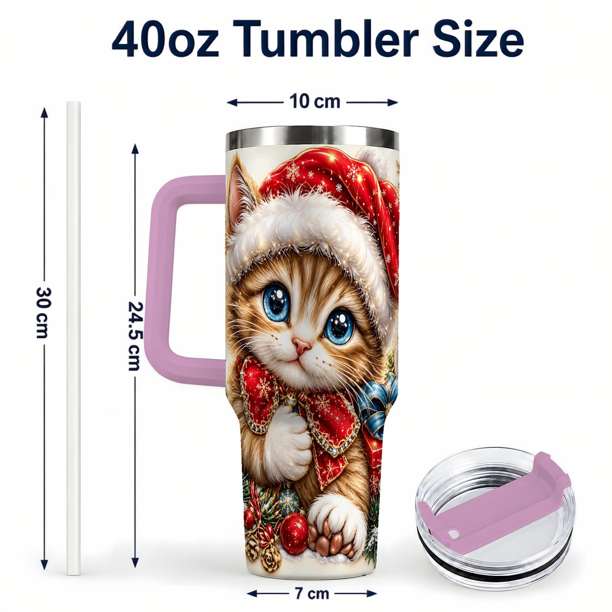 #pl[40oz|Pink] Christmas Kitten 40oz Tumbler with Handle, Festive Cat Illustration