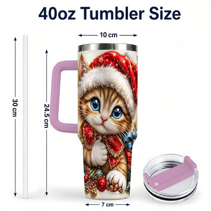 #pl[40oz|Pink] Christmas Kitten 40oz Tumbler with Handle, Festive Cat Illustration