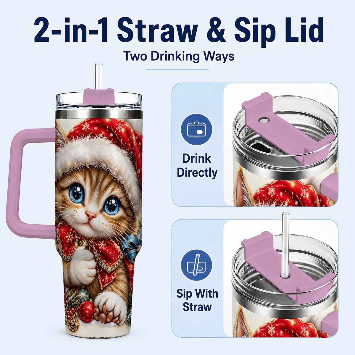 #pl[40oz|Pink] Christmas Kitten 40oz Tumbler with Handle, Festive Cat Illustration