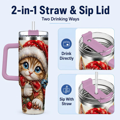 #pl[40oz|Pink] Christmas Kitten 40oz Tumbler with Handle, Festive Cat Illustration