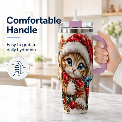 #pl[40oz|Pink] Christmas Kitten 40oz Tumbler with Handle, Festive Cat Illustration
