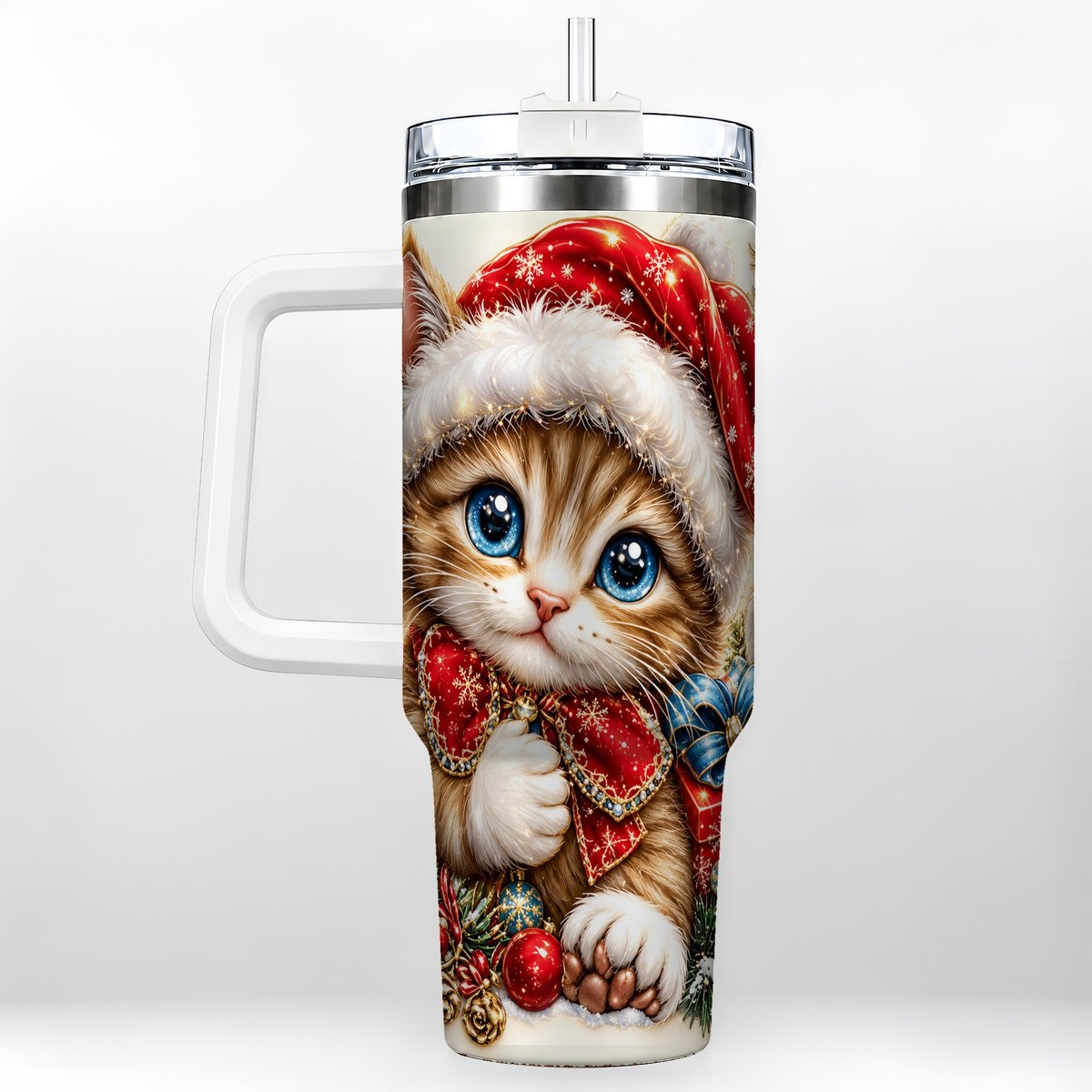 Christmas Kitten 40oz Tumbler with Handle, Festive Cat Illustration