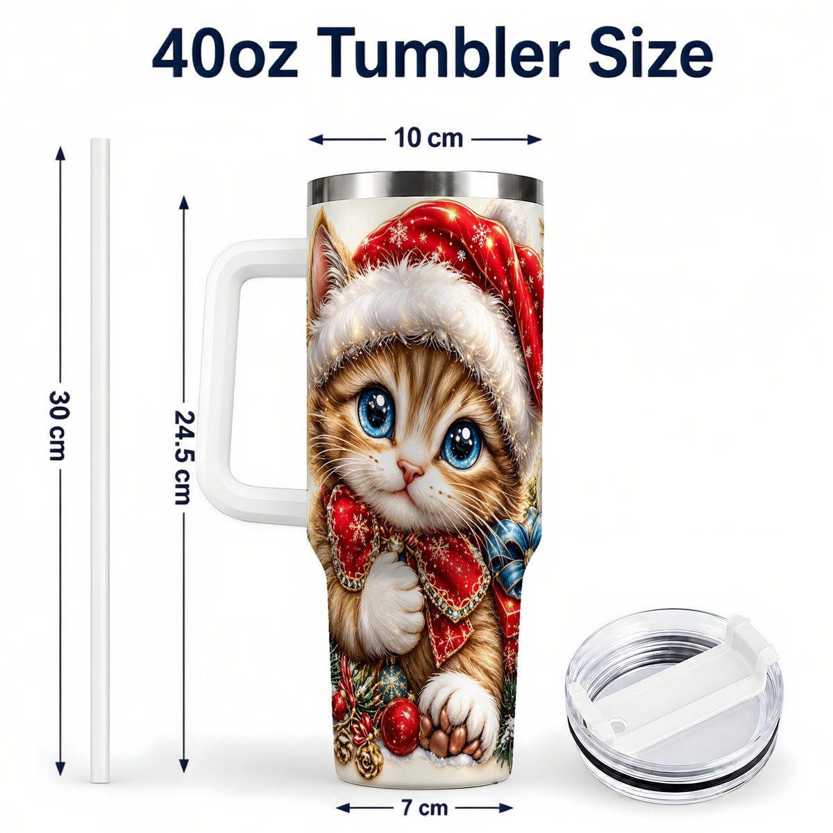 #pl[40oz|White] Christmas Kitten 40oz Tumbler with Handle, Festive Cat Illustration