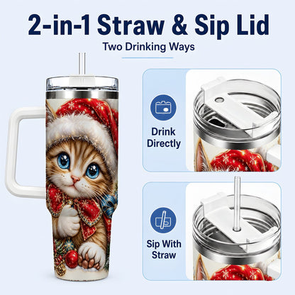 #pl[40oz|White] Christmas Kitten 40oz Tumbler with Handle, Festive Cat Illustration