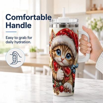 #pl[40oz|White] Christmas Kitten 40oz Tumbler with Handle, Festive Cat Illustration