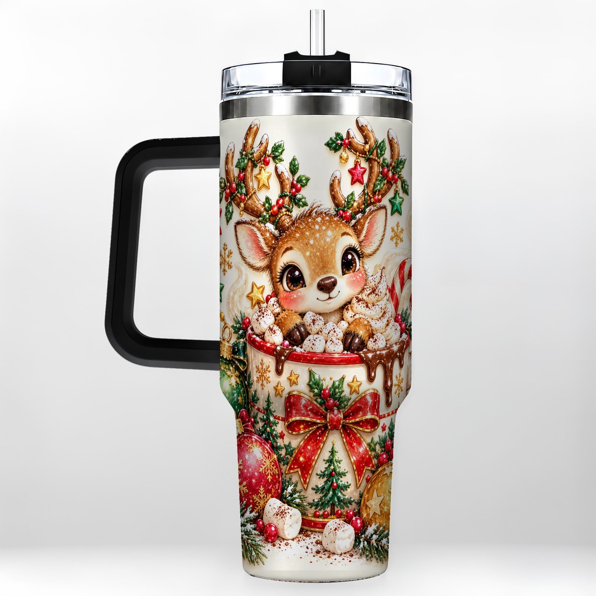 #pl[40oz|Black] Christmas Reindeer 40oz Tumbler with Handle, Hot Chocolate Artwork