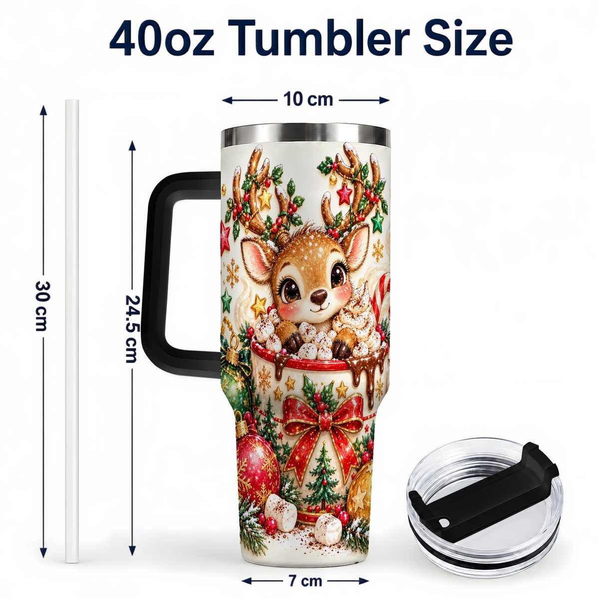 #pl[40oz|Black] Christmas Reindeer 40oz Tumbler with Handle, Hot Chocolate Artwork