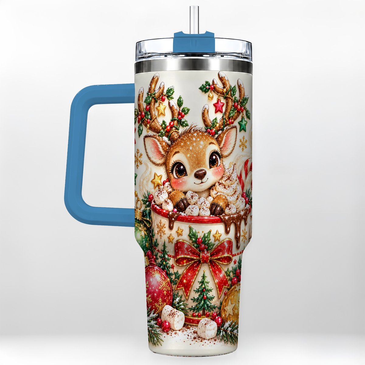 #pl[40oz|Blue] Christmas Reindeer 40oz Tumbler with Handle, Hot Chocolate Artwork