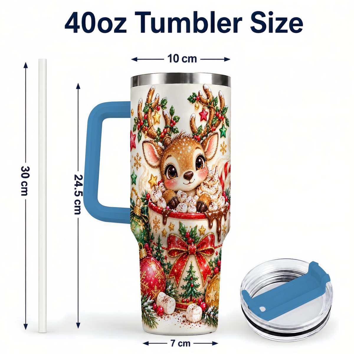 #pl[40oz|Blue] Christmas Reindeer 40oz Tumbler with Handle, Hot Chocolate Artwork