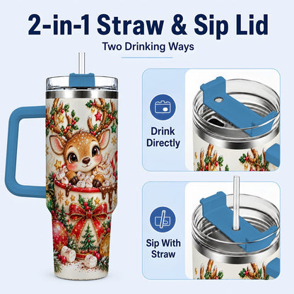 #pl[40oz|Blue] Christmas Reindeer 40oz Tumbler with Handle, Hot Chocolate Artwork