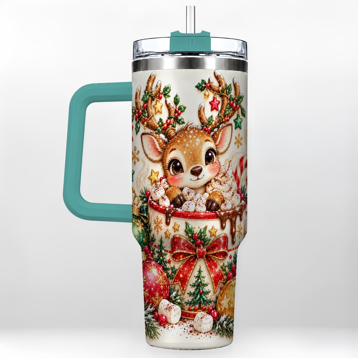 #pl[40oz|Green] Christmas Reindeer 40oz Tumbler with Handle, Hot Chocolate Artwork