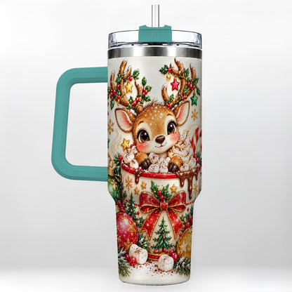 #pl[40oz|Green] Christmas Reindeer 40oz Tumbler with Handle, Hot Chocolate Artwork
