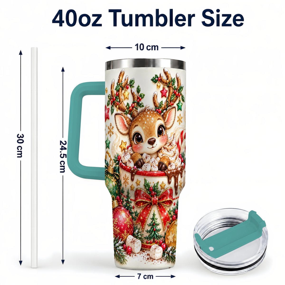 #pl[40oz|Green] Christmas Reindeer 40oz Tumbler with Handle, Hot Chocolate Artwork