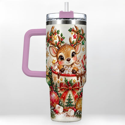 #pl[40oz|Pink] Christmas Reindeer 40oz Tumbler with Handle, Hot Chocolate Artwork