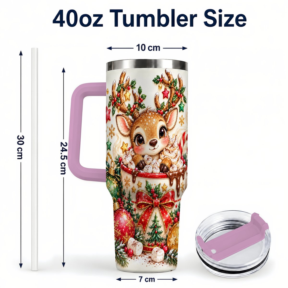 #pl[40oz|Pink] Christmas Reindeer 40oz Tumbler with Handle, Hot Chocolate Artwork