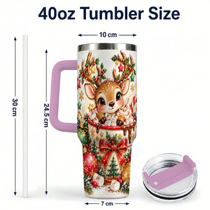 #pl[40oz|Pink] Christmas Reindeer 40oz Tumbler with Handle, Hot Chocolate Artwork