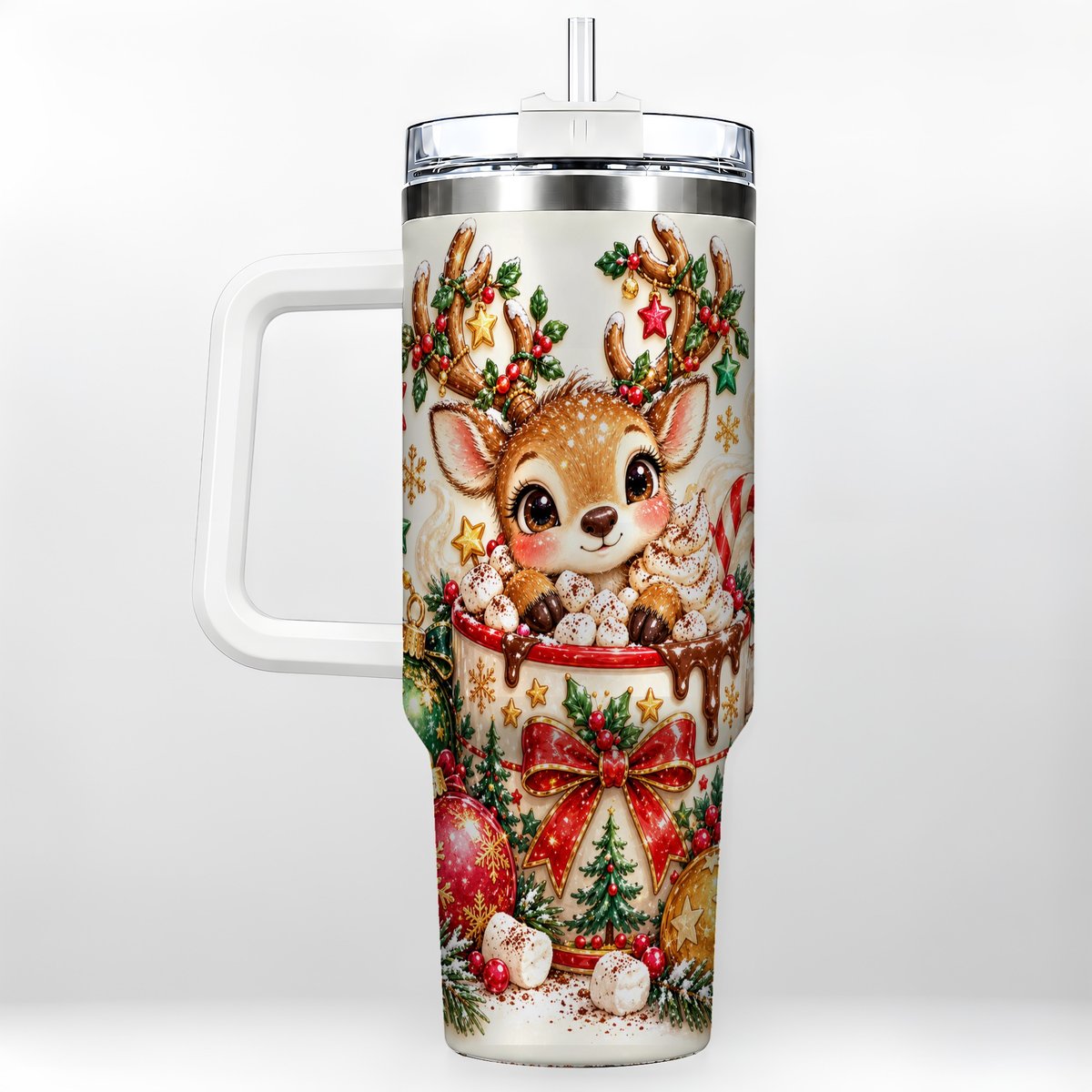 Christmas Reindeer 40oz Tumbler with Handle, Hot Chocolate Artwork