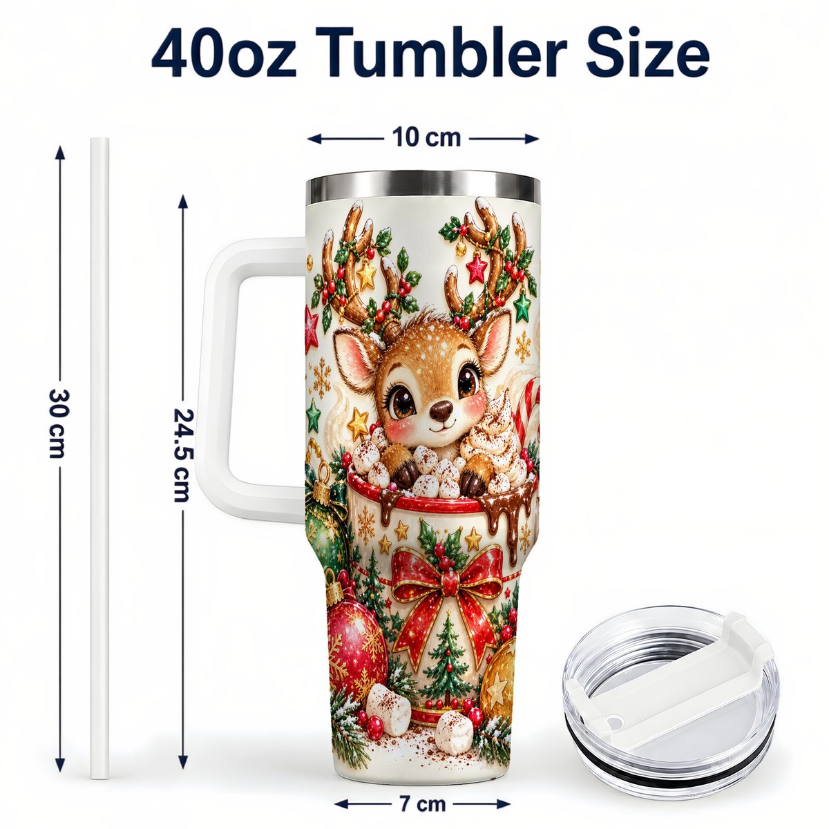 #pl[40oz|White] Christmas Reindeer 40oz Tumbler with Handle, Hot Chocolate Artwork