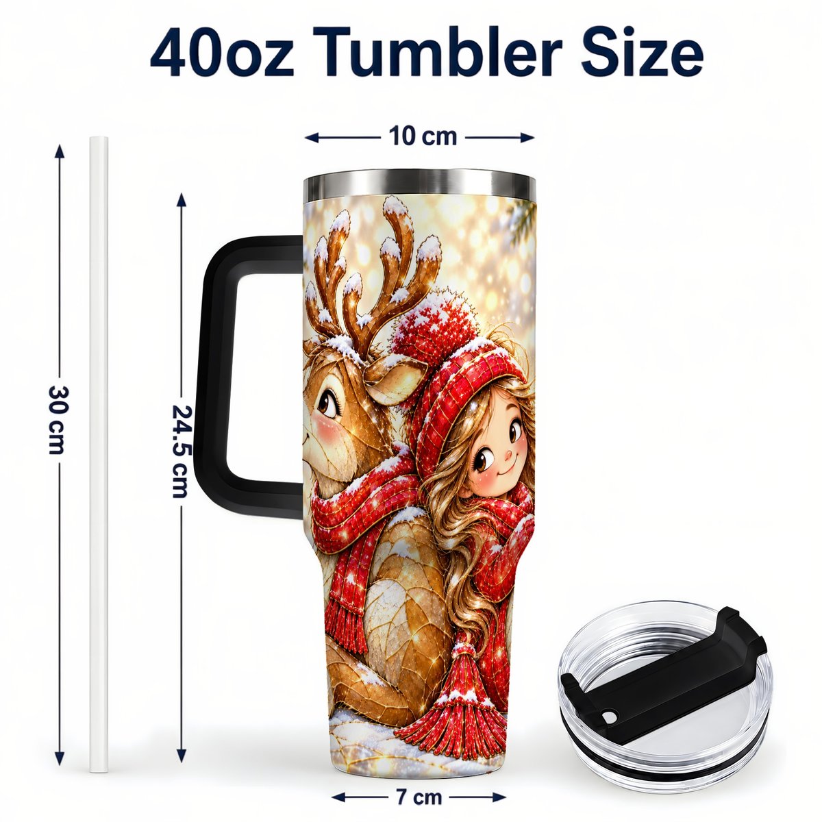 #pl[40oz|Black] Christmas Reindeer 40oz Tumbler with Handle, Winter Girl Artwork