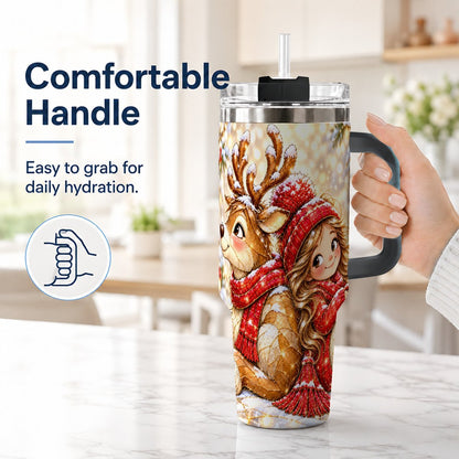 #pl[40oz|Black] Christmas Reindeer 40oz Tumbler with Handle, Winter Girl Artwork
