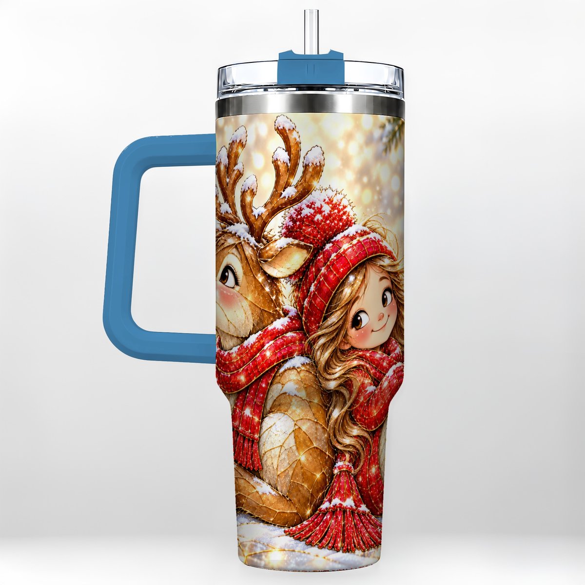 #pl[40oz|Blue] Christmas Reindeer 40oz Tumbler with Handle, Winter Girl Artwork
