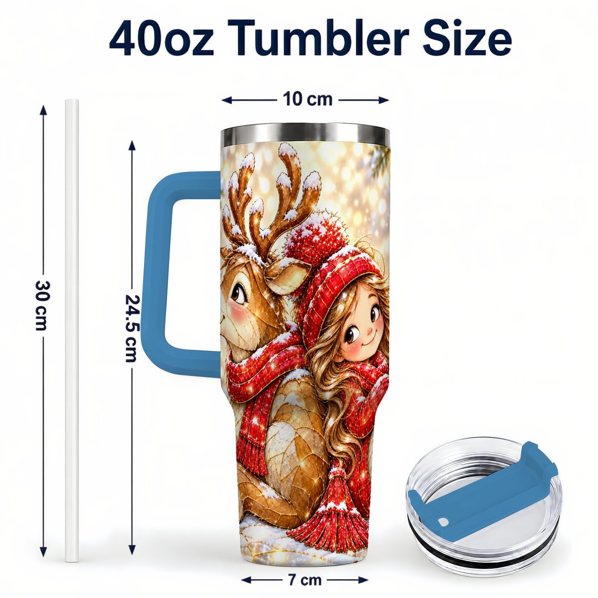 #pl[40oz|Blue] Christmas Reindeer 40oz Tumbler with Handle, Winter Girl Artwork